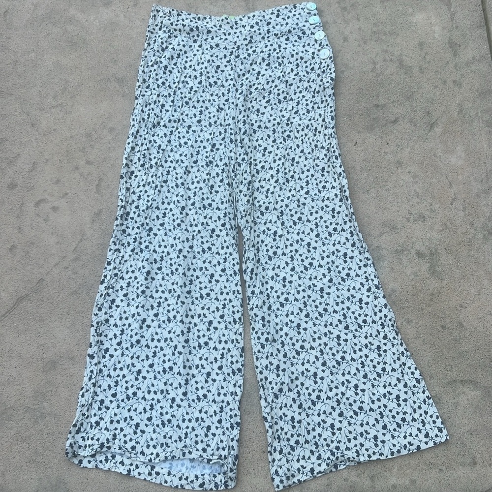 Loco Lindo White Blue Floral Side Button Wide Leg Palazzo Pants Women's Size XL